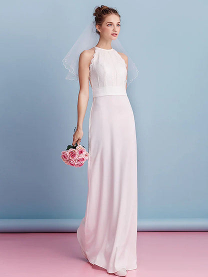 Wedding Dresses Jewel Neck Floor Length Chiffon Lace Regular Straps Floral Lace with Lace Sash Ribbonc