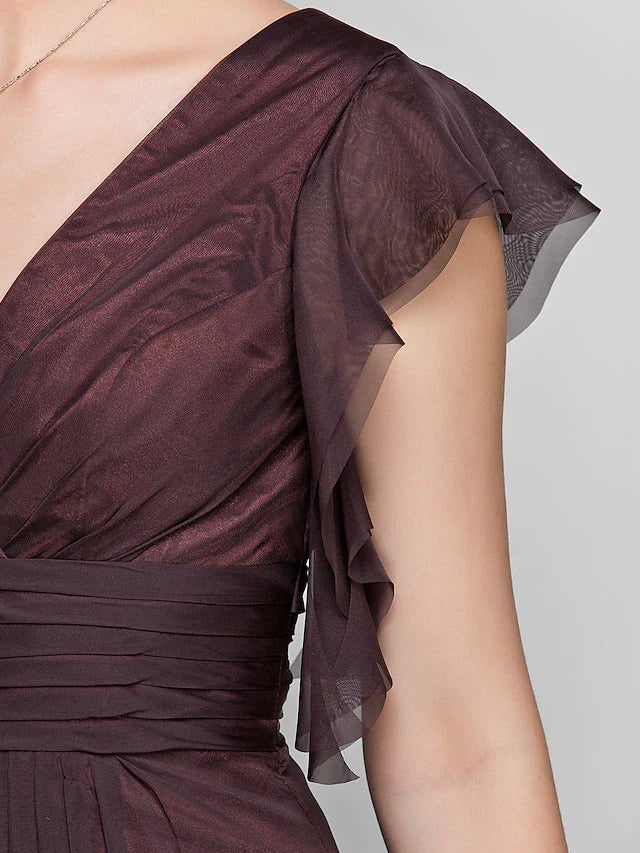 Mother of the Bride Dress Beautiful Back V Neck Floor Length Chiffon Short Sleeve with Criss Cross Ruched Draping