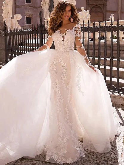 Wedding Dresses V Neck Court Train Lace Long Sleeve Formal Romantic Casual Modern Detachable Illusion Sleeve with