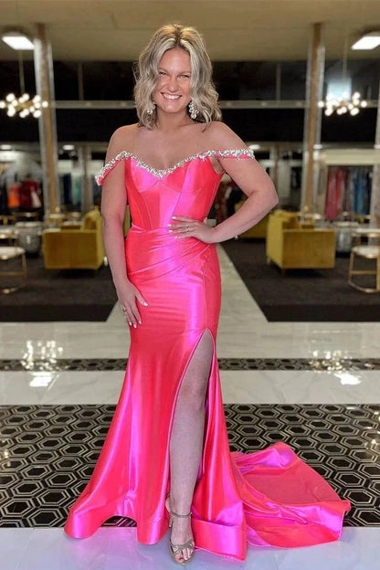 Off-Shoulder Beaded Satin Mermaid Evening Dresses (Gold, Purple, Fuchsia)