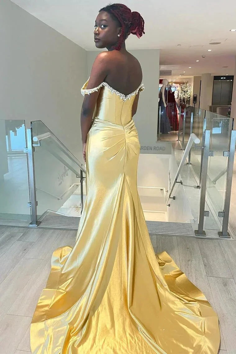 Off-Shoulder Beaded Satin Mermaid Evening Dresses (Gold, Purple, Fuchsia)