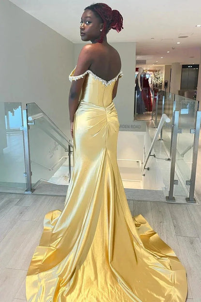 Off-Shoulder Beaded Satin Mermaid Evening Dresses (Gold, Purple, Fuchsia)