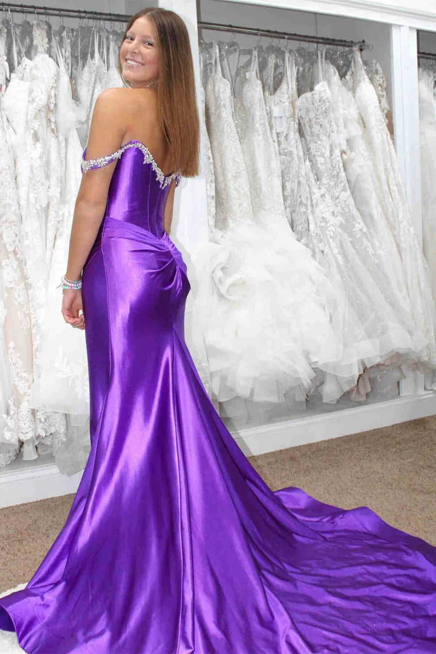 Off-Shoulder Beaded Satin Mermaid Evening Dresses (Gold, Purple, Fuchsia)