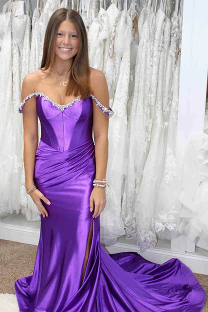 Off-Shoulder Beaded Satin Mermaid Evening Dresses (Gold, Purple, Fuchsia)