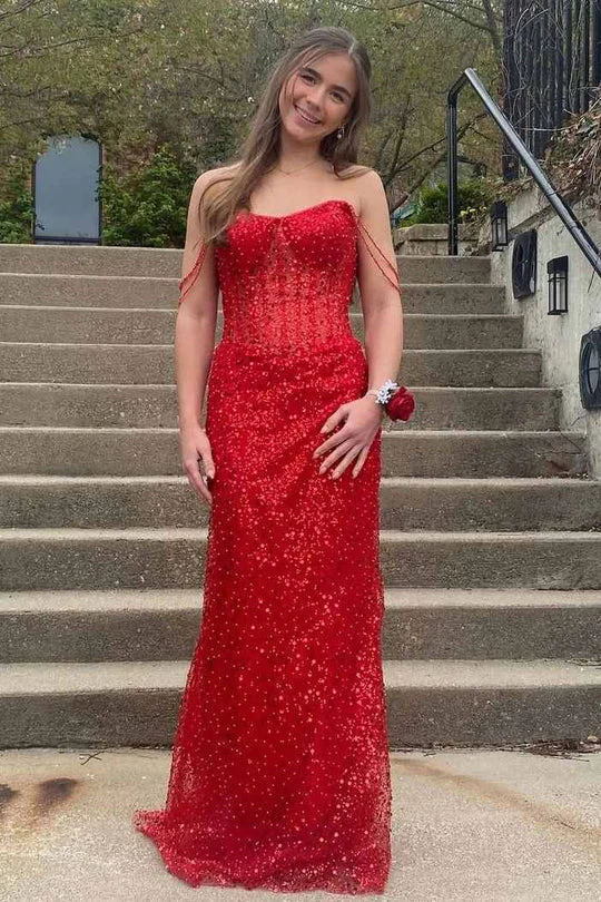 Off-the-Shoulder Red Sequin Mermaid Evening Dress with Sheer Corset Bodice and Beaded Arm Straps
