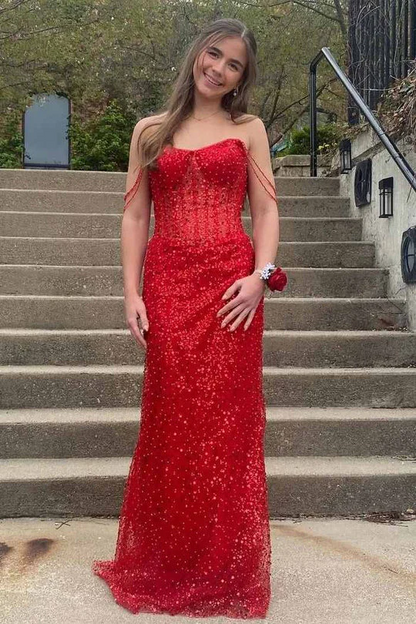 Off-the-Shoulder Red Sequin Mermaid Evening Dress with Sheer Corset Bodice and Beaded Arm Straps