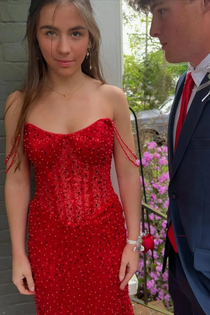 Off-the-Shoulder Red Sequin Mermaid Evening Dress with Sheer Corset Bodice and Beaded Arm Straps