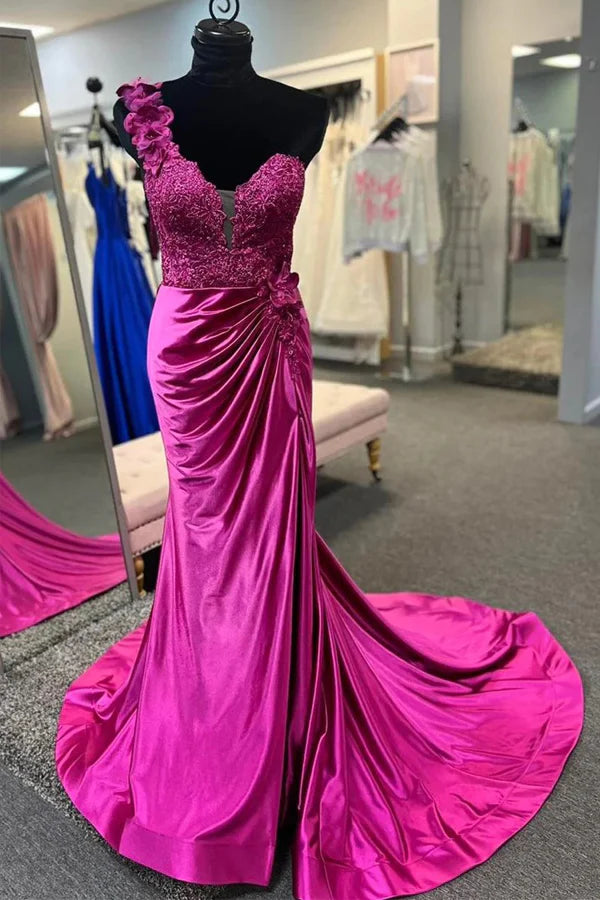 Sheath Mermaid Sweep/Brush Train Dresses One Shoulder Evening Gown Long Prom Dress With Appliques