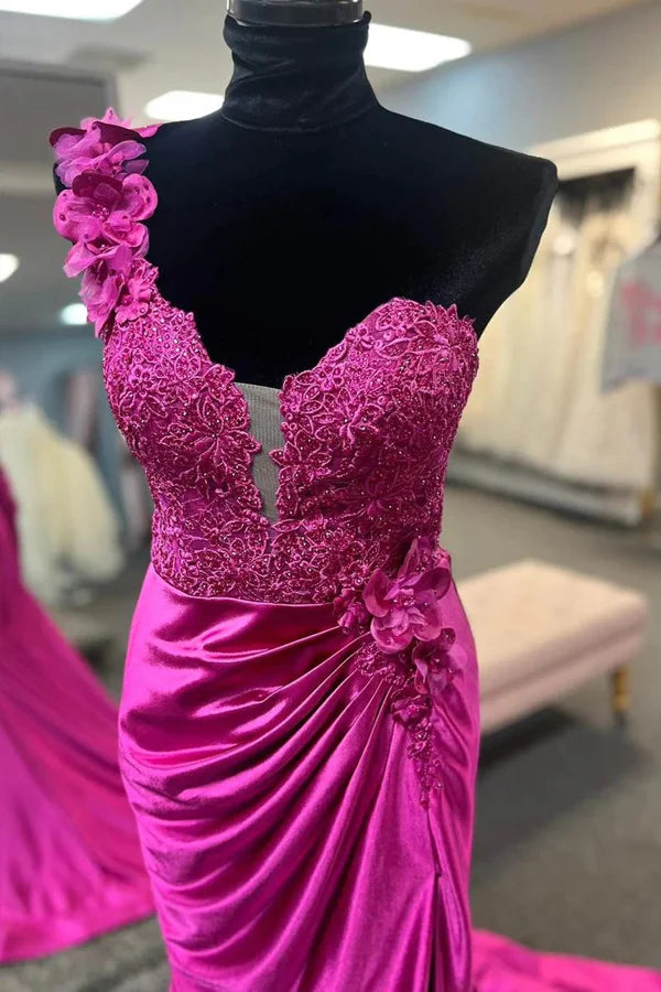 Sheath Mermaid Sweep/Brush Train Dresses One Shoulder Evening Gown Long Prom Dress With Appliques