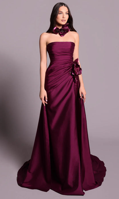 Opulent Burgundy Satin Strapless with Floral Accent and Draped Detail Evening Dress