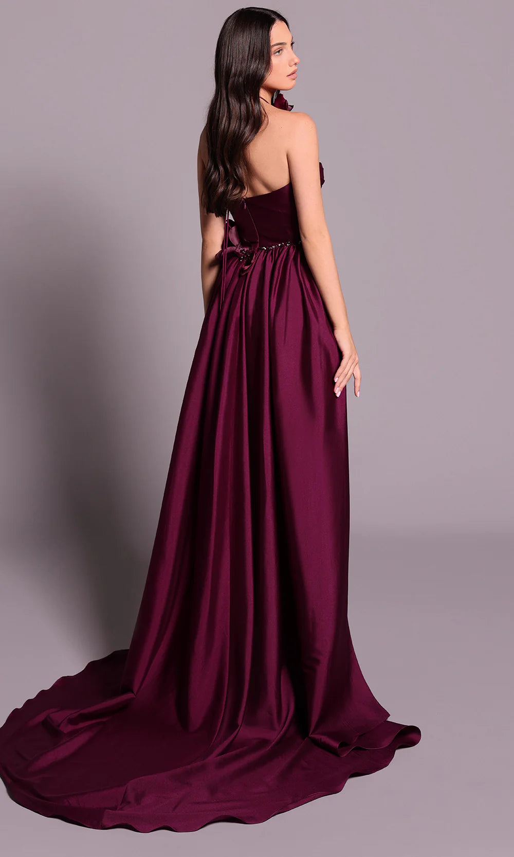 Opulent Burgundy Satin Strapless with Floral Accent and Draped Detail Evening Dress
