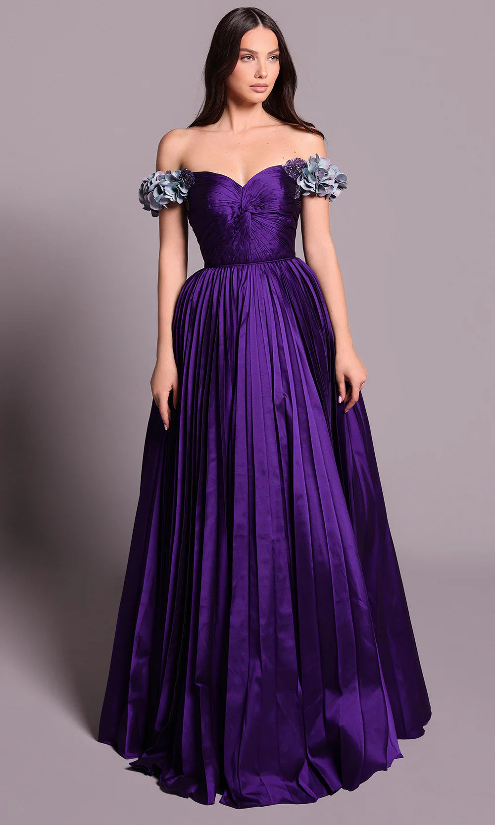 Opulent Royal Purple Satin Off-Shoulder 3D Floral Embellished Pleated A-Line Evening Dress
