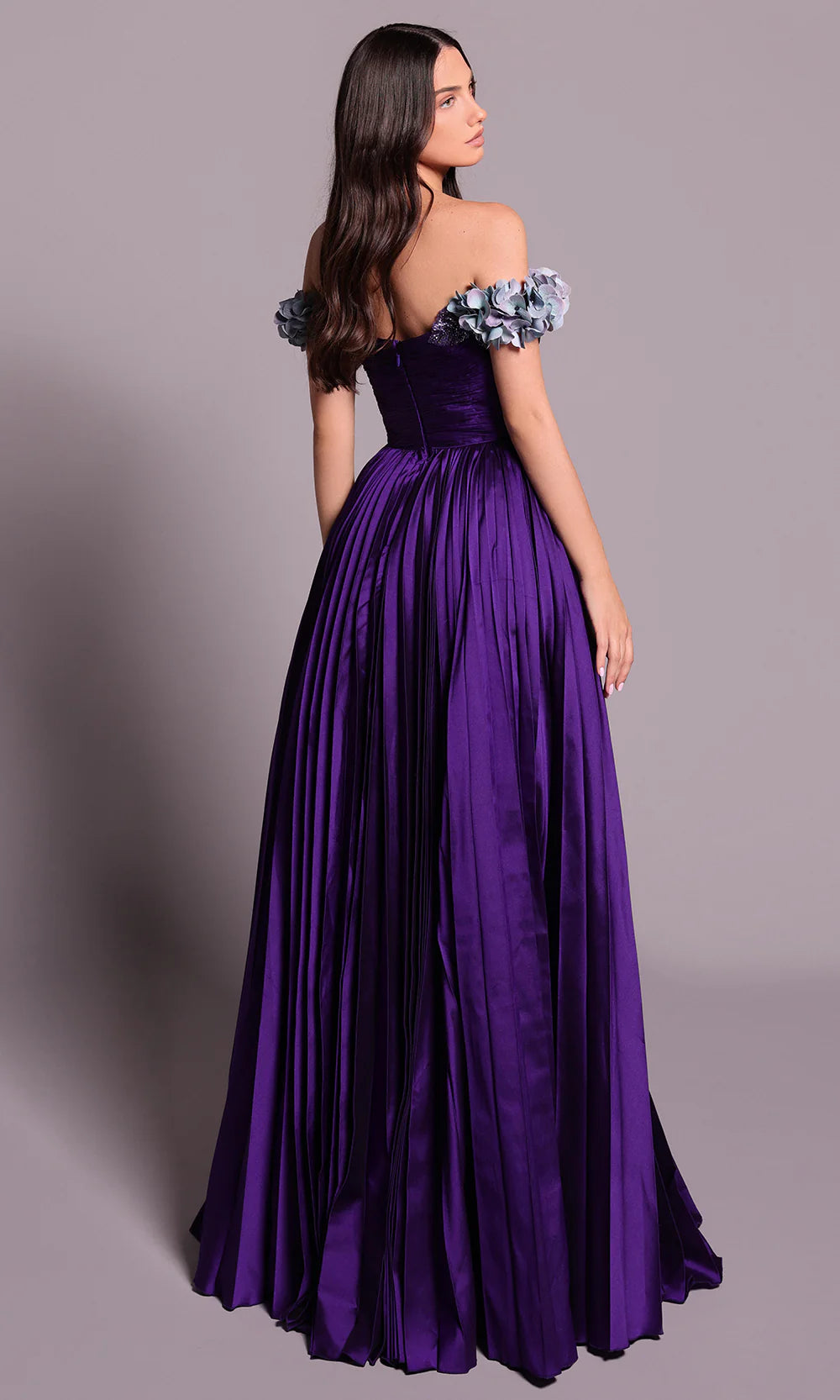 Opulent Royal Purple Satin Off-Shoulder 3D Floral Embellished Pleated A-Line Evening Dress