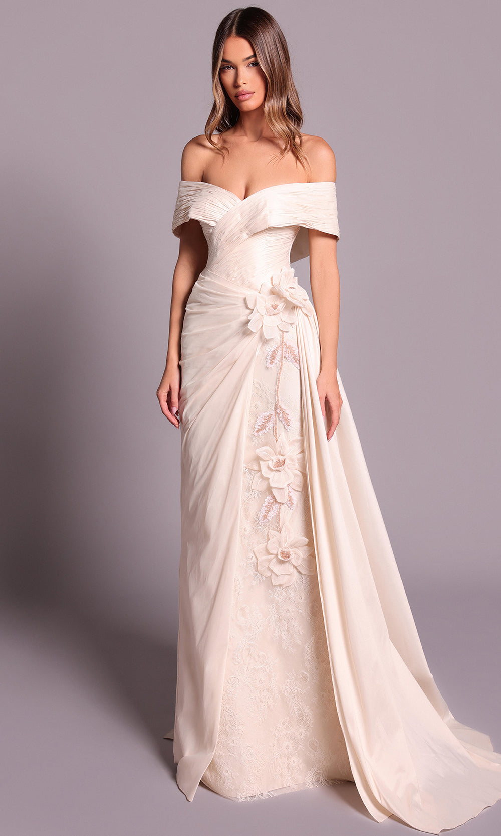 Opulent Teal Satin Off-Shoulder Lace Embellished Fitted Mermaid Train Evening Dress