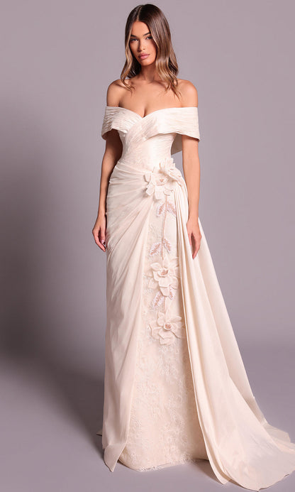 Opulent Teal Satin Off-Shoulder Lace Embellished Fitted Mermaid Train Evening Dress