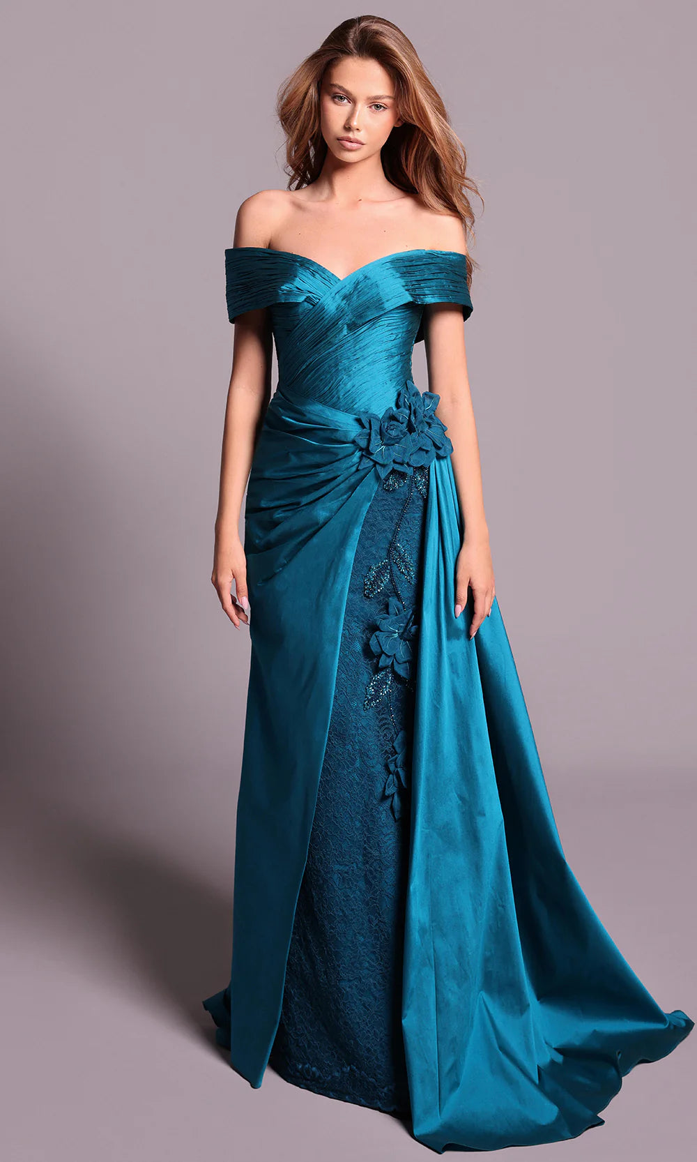 Opulent Teal Satin Off-Shoulder Lace Embellished Fitted Mermaid Train Evening Dress