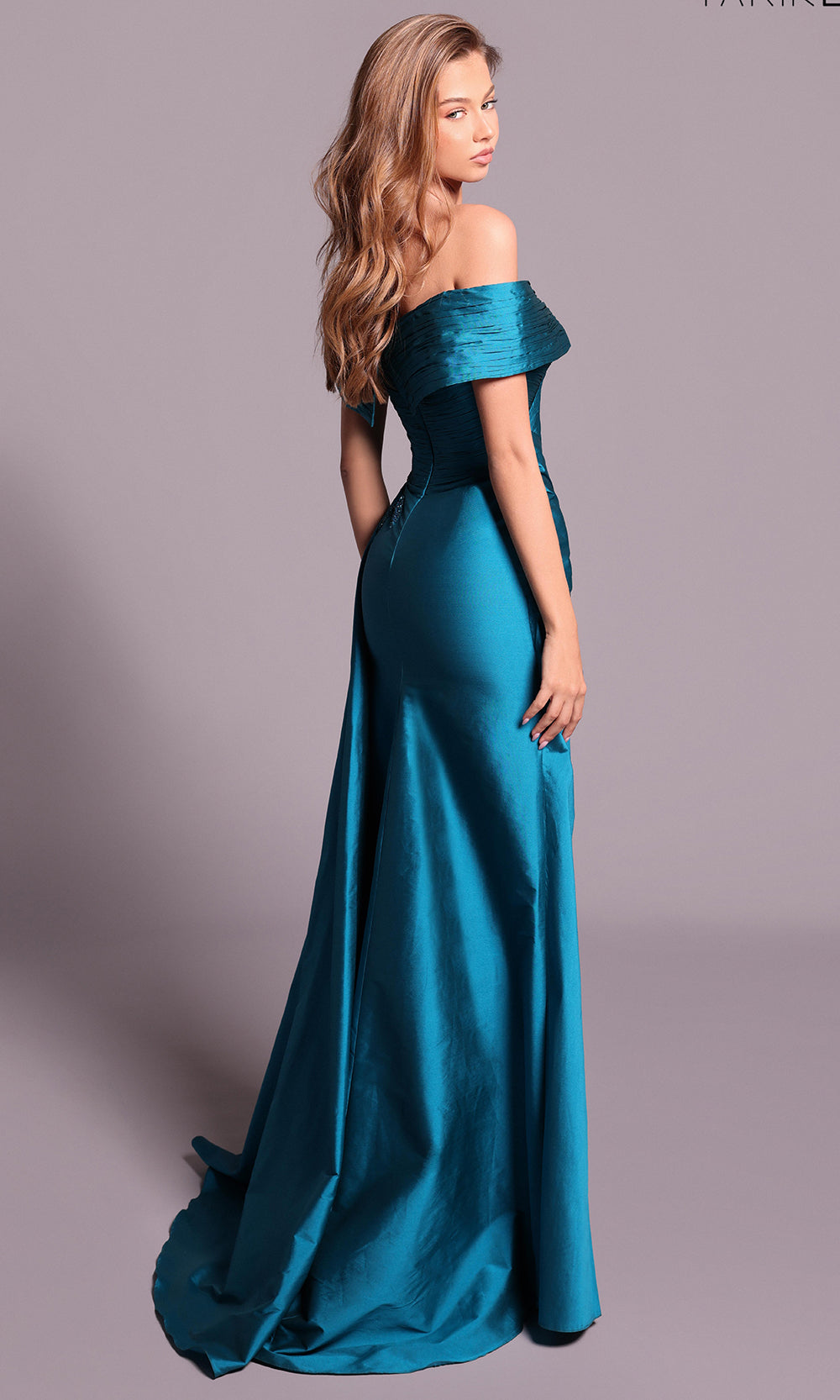 Opulent Teal Satin Off-Shoulder Lace Embellished Fitted Mermaid Train Evening Dress