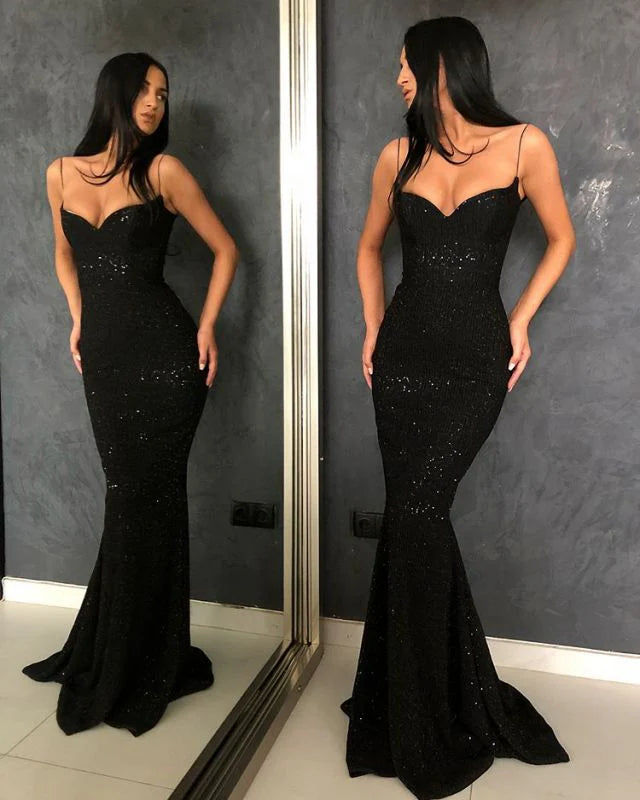 Sheath Mermaid  Spaghetti Straps Black Open Back   Prom Dresses With Sequins