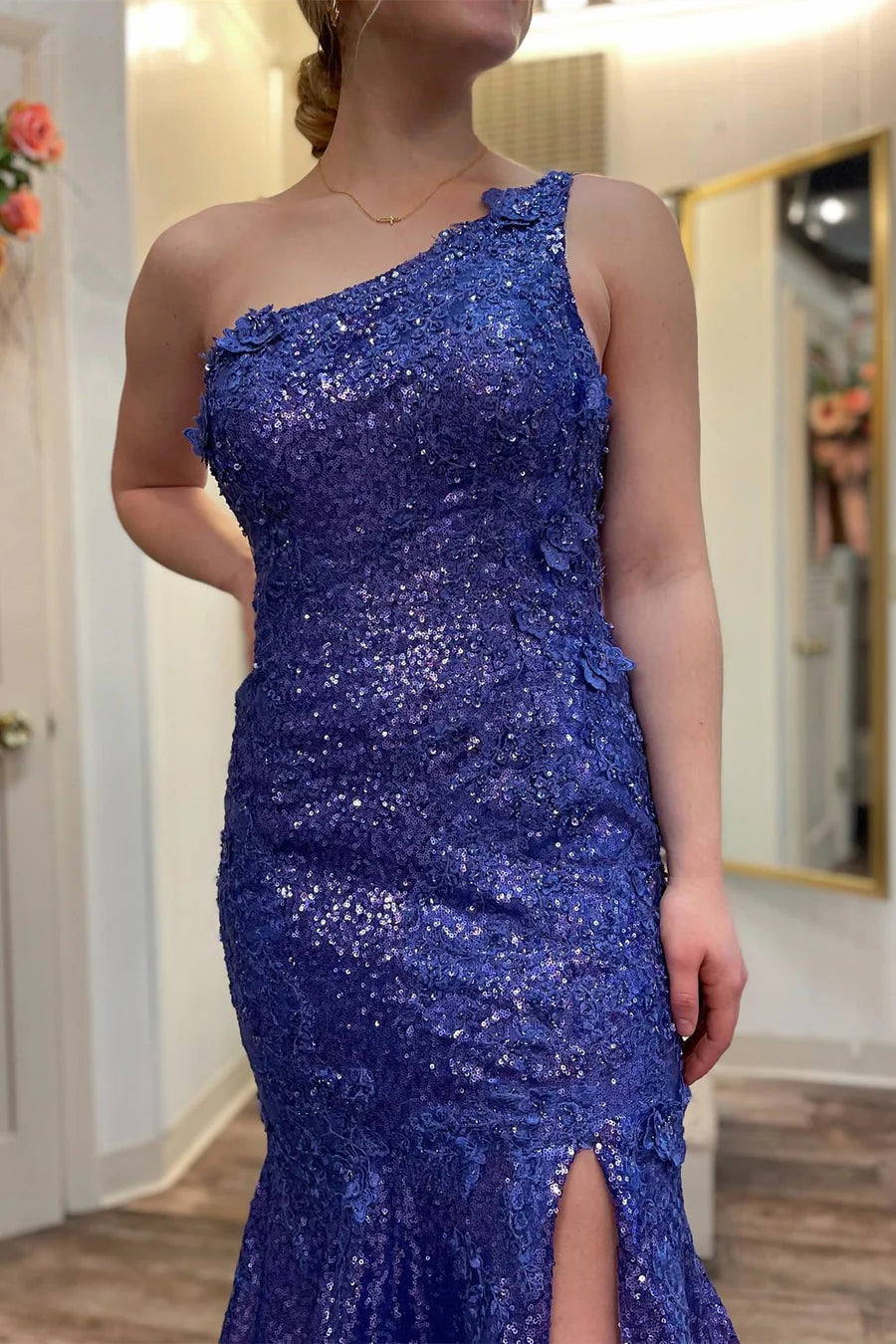 Sequin One-Shoulder Trumpet Long Prom Dress
