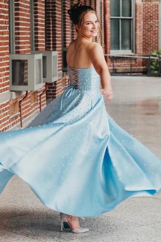 Satin Beaded Strapless A-line Prom Dress