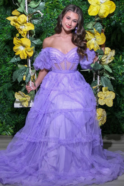 Sheer Corset Ruffles A-Line Prom Dress with Puff Sleeves