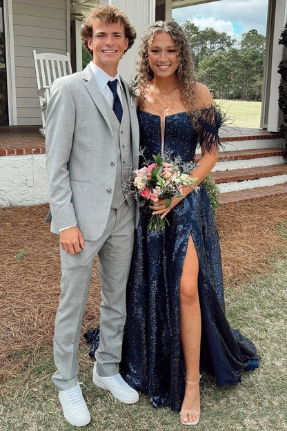 Sequin Feather Off-the-Shoulder Lace-Up A-Line Prom Dress