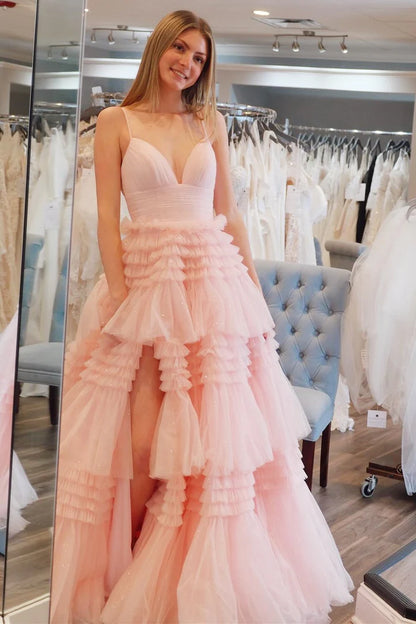 Tulle Multi-Tiered V-Neck Long Prom Dress