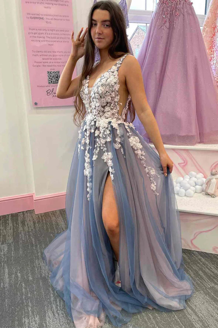 Tulle V-Neck Appliques Backless A-Line Prom Gown