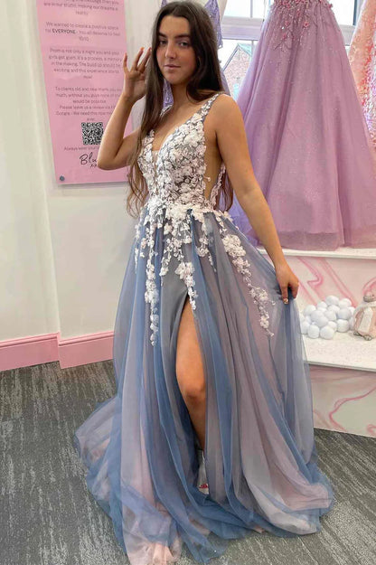 Tulle V-Neck Appliques Backless A-Line Prom Gown