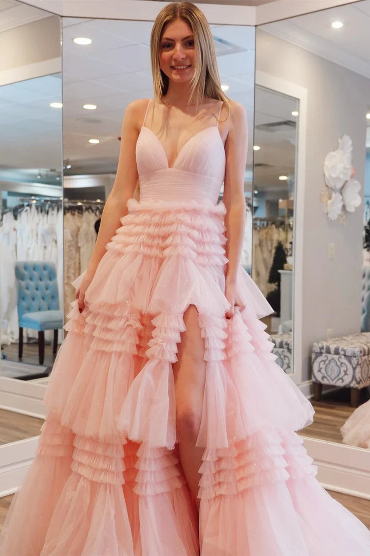 Tulle Multi-Tiered V-Neck Long Prom Dress