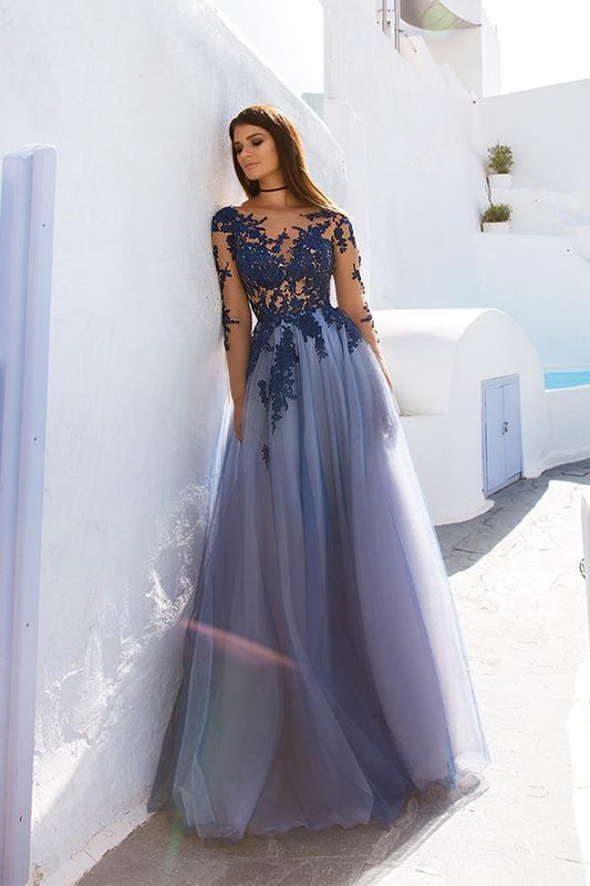 A Line Long Sleeves Floor Length  Lace Open Back Prom Dress With Appliques