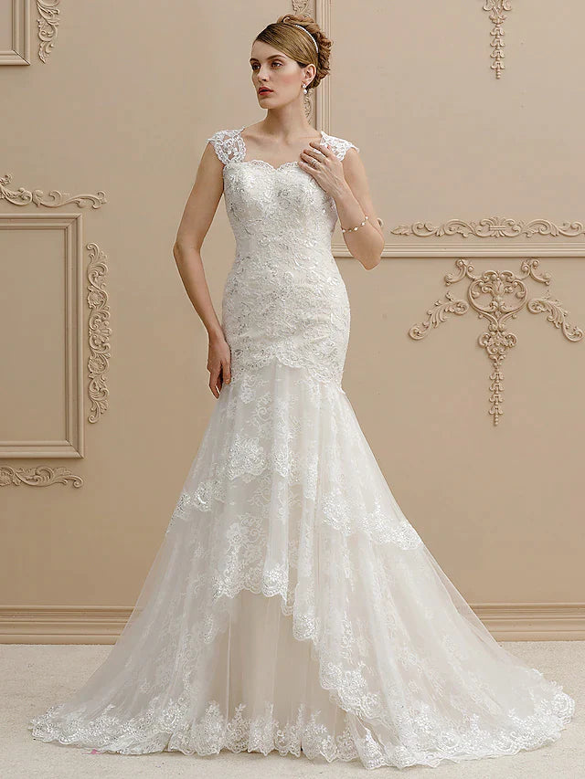 Wedding Dresses Square Neck Court Train Lace Over Tulle Regular Straps Wedding Dress in Color Floral Lace See-Through with Buttons Sequin Appliques