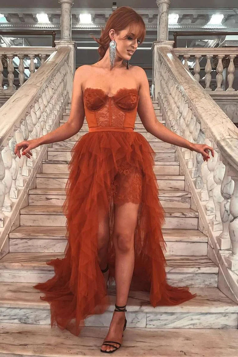 Lace Bustier Tiered Long Prom Dress with Slit