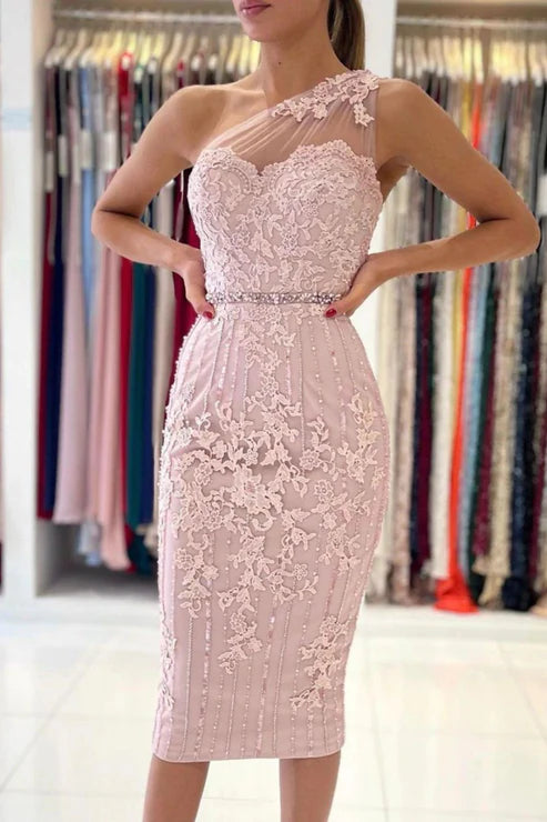 Sheath Pink One Shoulder Knee Length Homecoming Dress With Belt