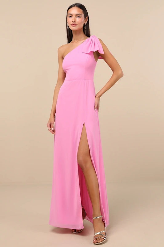 Playful Hot Pink One-Shoulder Ruffle Chiffon Bridesmaid Dress