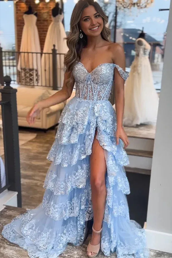 A Line Spaghetti Straps Tiered Tulle Layers Long Appliques Prom Dress With Slit
