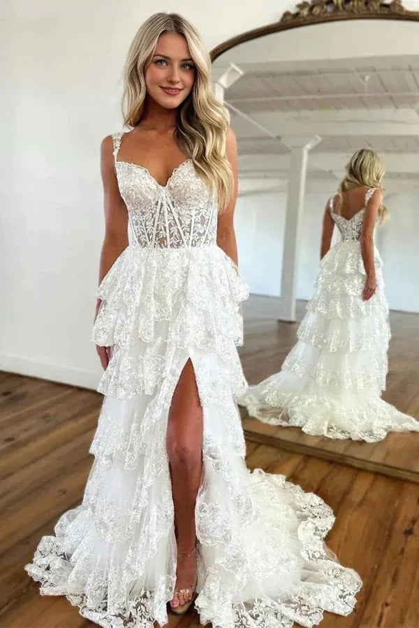 A Line Spaghetti Straps Tiered Tulle Layers Long Appliques Prom Dress With Slit