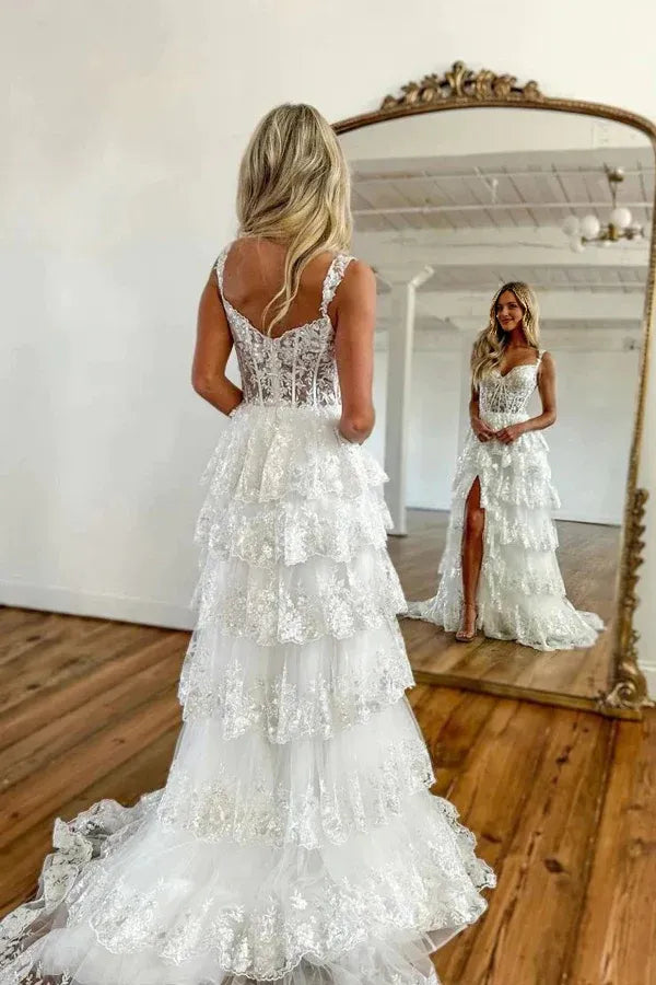 A Line Spaghetti Straps Tiered Tulle Layers Long Appliques Prom Dress With Slit