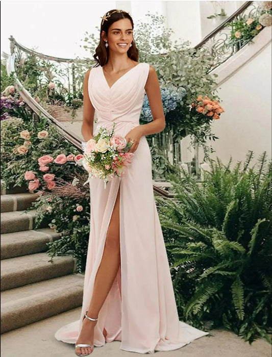 Bridesmaid Dress V Neck Sleeveless Elegant Floor Length Chiffon with Split Front Ruching