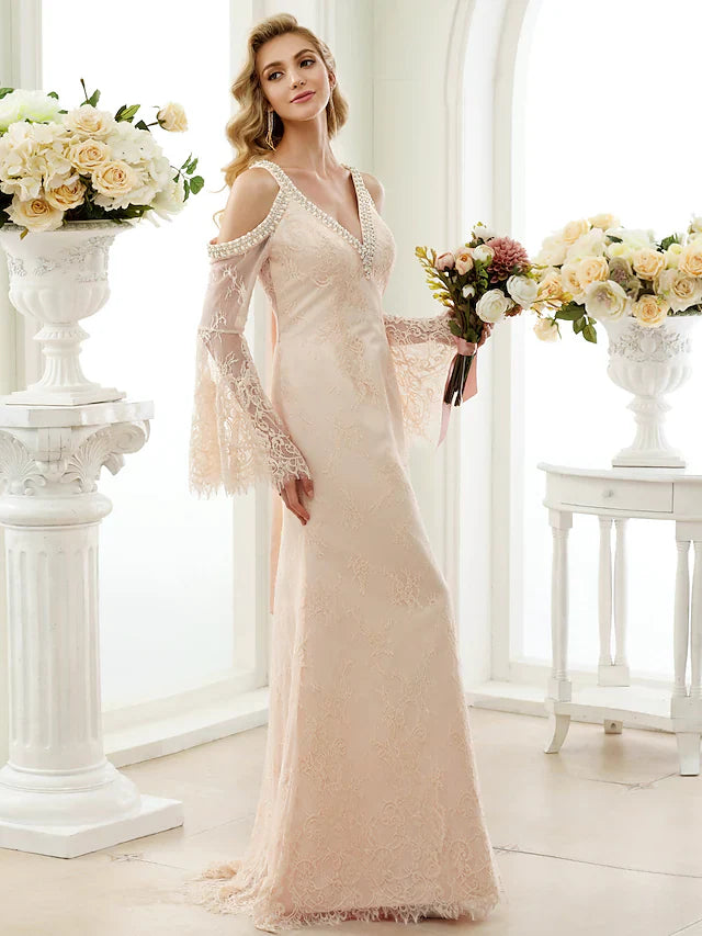 Princess A-Line Wedding Dresses Jewel Neck Court Train Lace Tulle Short Sleeve Romantic with Bow(s) Beading Appliques