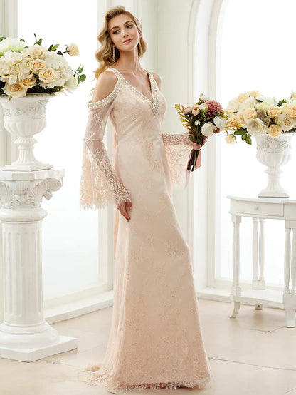Princess A-Line Wedding Dresses Jewel Neck Court Train Lace Tulle Short Sleeve Romantic with Bow(s) Beading Appliques