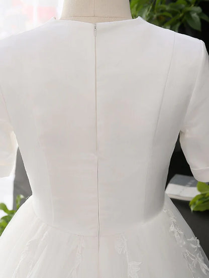 A-Line Wedding Dresses V Neck Court Train Satin Tulle Half Sleeve Simple Elegant with Appliques