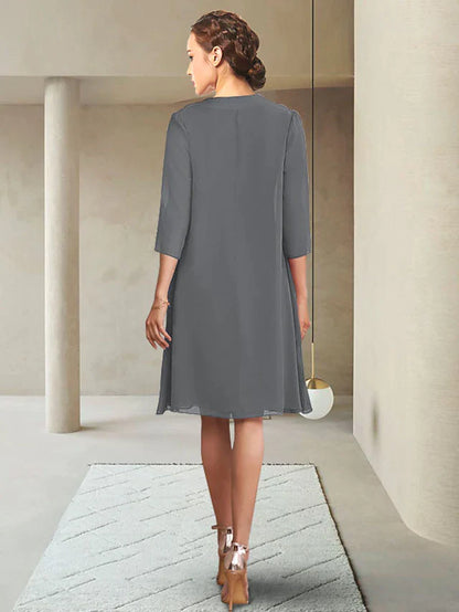 Mother of the Bride Dress Elegant Jewel Neck Knee Length Chiffon Length Sleeve with Ruching