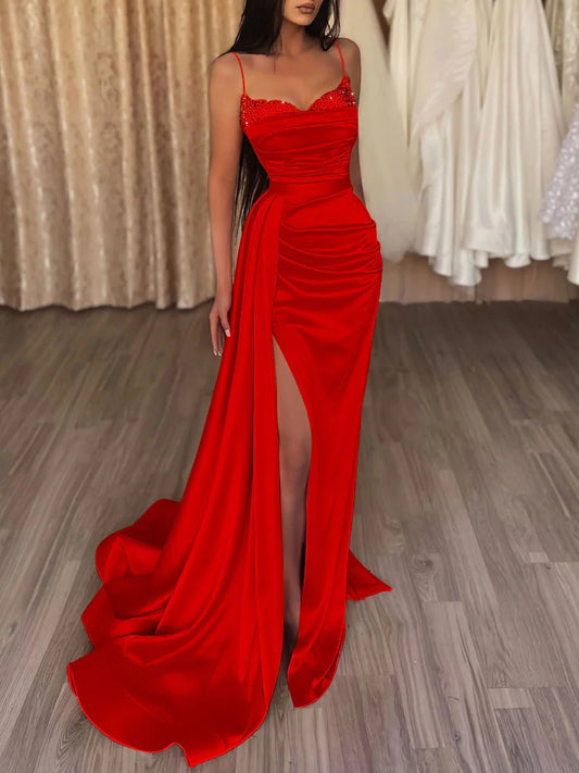 Red Spaghetti Strap Beaded Sweetheart Neckline Ruched High Slit Trumpet Train Evening Dress