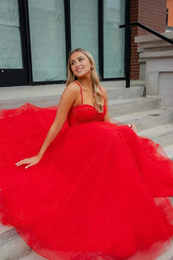 A-Line Spaghetti Straps Glitter Sparking Beaded Corset Long Prom Dress With Slit