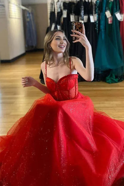 A-Line Spaghetti Straps Glitter Sparking Beaded Corset Long Prom Dress With Slit