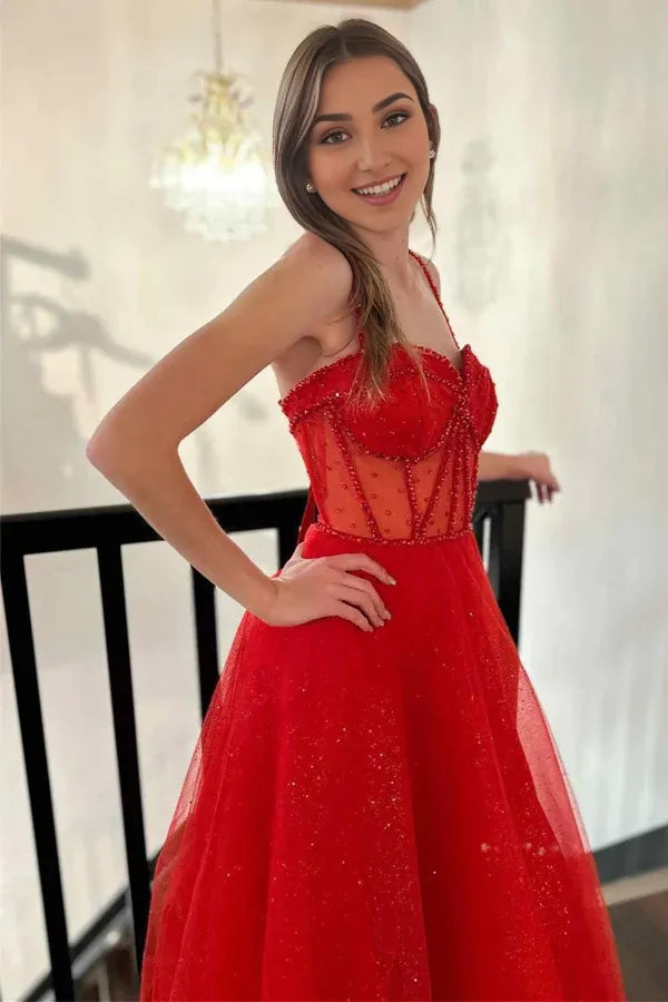 A-Line Spaghetti Straps Glitter Sparking Beaded Corset Long Prom Dress With Slit