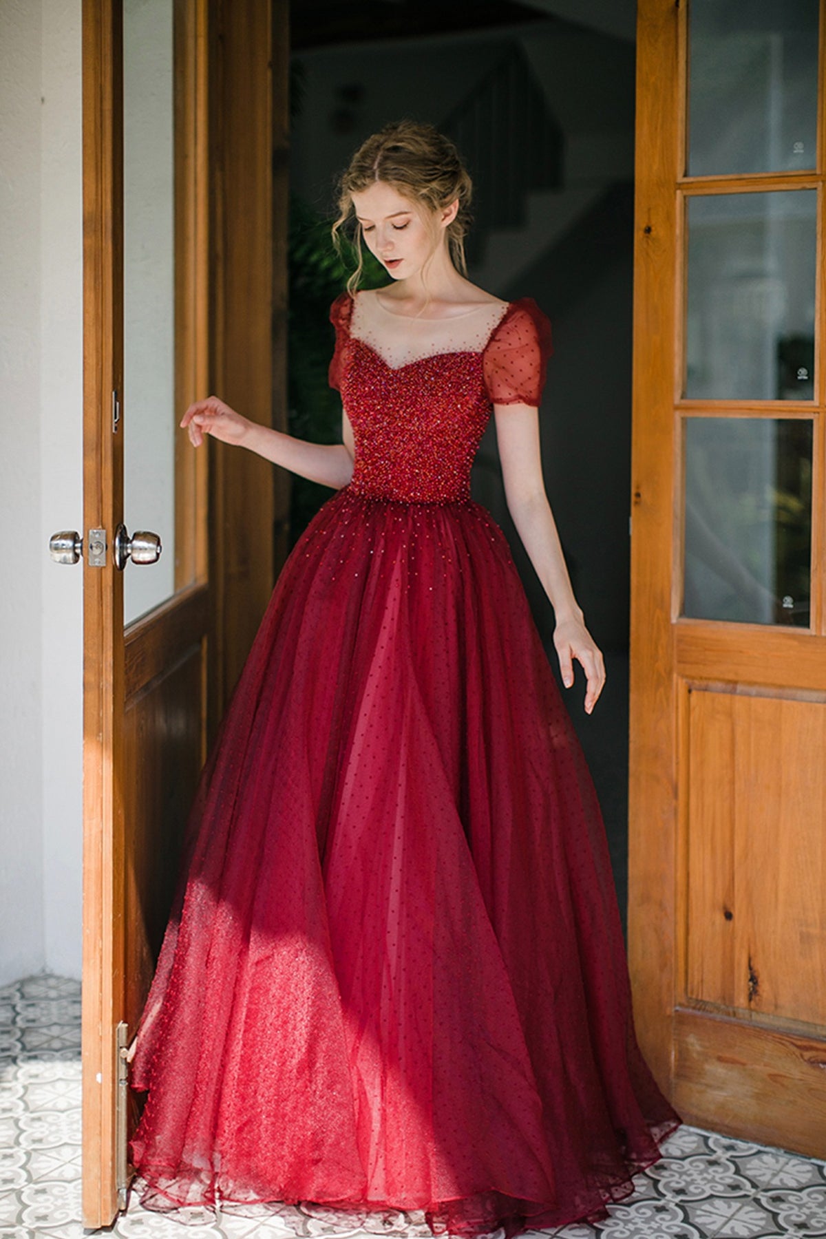 Red Tulle Prom Dresses with Sheer Illusion Neckline Beaded Bodice Polka Dot Tulle Skirt Puff Sleeves and Lace Up Back
