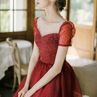 Red Tulle Prom Dresses with Sheer Illusion Neckline Beaded Bodice Polka Dot Tulle Skirt Puff Sleeves and Lace Up Back