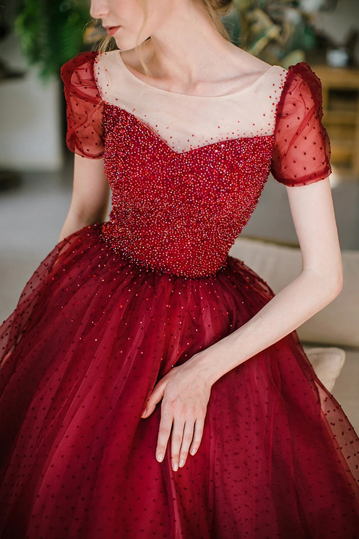 Red Tulle Prom Dresses with Sheer Illusion Neckline Beaded Bodice Polka Dot Tulle Skirt Puff Sleeves and Lace Up Back